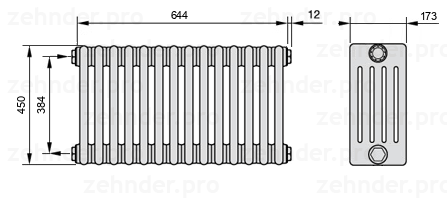 Схема (чертеж) Радиатор Zehnder Charleston 5045/14 №1270 Белый глянцевый RAL 9016